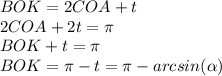 BOK = 2COA + t\\2COA + 2t =\pi\\BOK + t = \pi\\BOK = \pi - t = \pi - arcsin(\alpha)