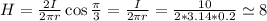 H= \frac{2I}{2\pi r} \cos \frac{\pi}{3} = \frac{I}{2\pi r} =\frac{10}{2*3.14* 0.2} \simeq 8