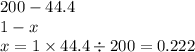 200 - 44.4 \\ 1 - x \\ x = 1 \times 44.4 \div 200 = 0.222