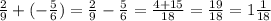 \frac{2}{9} + ( - \frac{5}{6} ) = \frac{2}{9} - \frac{5}{6} = \frac{4 + 15}{18} = \frac{19}{18} = 1 \frac{1}{18}