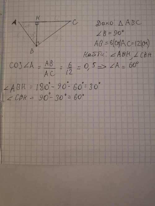 В прямоугольном треугольнике ABC угол B равен 90,сторона AB равна 6см , сторона AC равна 12 см. Найд