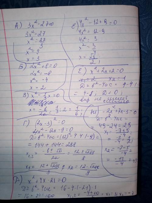 Решите уравнения А) 3x^2-27=0 Б) 2x^2+8=0 В) x^2-1/3x=0 Г) (2x-3)^2=0 Д) x^2+4x-21=0 Е) 4x^2-12+9=0