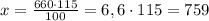 x=\frac{660\cdot 115}{100}=6,6\cdot 115=759