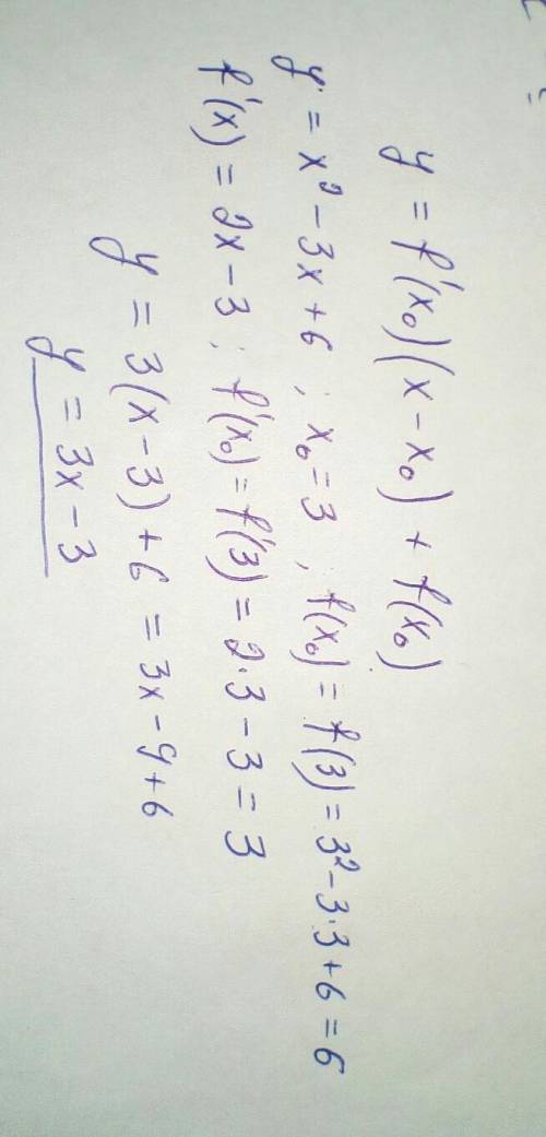 Составить уравнение касательной к графику функции y=x^2-3x+6 в точке x0=3​