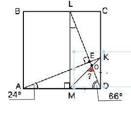 На стороне CD квадрата ABCD выбрана точка K так, что ∠KAD=24∘. Прямая, проходящая через точку D перп