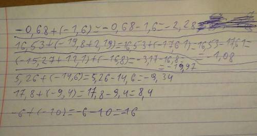 Выполните сложение: -0,68+(-1,6) Выполните сложение: -0,84+(-0,28) Выполните сложение: 16,53+(-19,8+