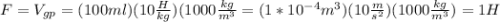 F = V_{gp} = (100ml)(10\frac{H}{kg} )(1000\frac{kg}{m^{3} } = (1*10^{-4} m^{3} )(10\frac{m}{s^{2} } )(1000\frac{kg}{m^{3} } )=1H