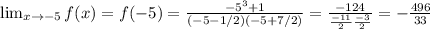 \lim_{x \to -5} f(x) = f(-5) = \frac{-5^3+1}{(-5-1/2)(-5+7/2)} = \frac{-124}{\frac{-11}{2}\frac{-3}{2}} = -\frac{496}{33}