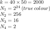 k = 40 \times 50 = 2000\\N_1=2^{24}\: (true \: colour)\\N_2=256\\N_3=16\\N_4=2