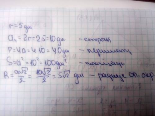 В квадрат вписана окружность радиуса 5 дм. найдите сторону, периметр, площадь многоугольника и радиу