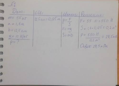 1.Мальчик массой 55кг стоит на лыжах Длинна каждой лыжи 1,6м а ширина 12.5см. какое давление оказыва