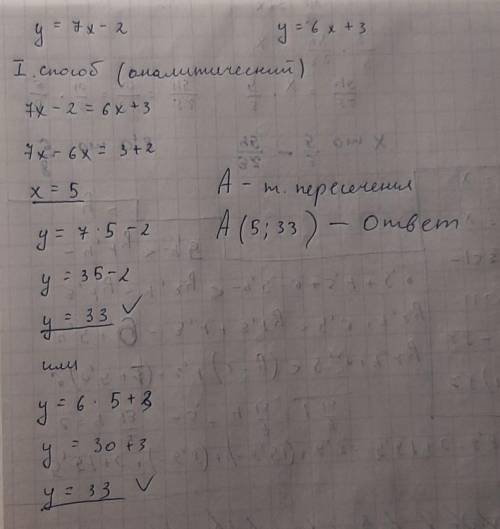 Найди координаты точки пересечения графиков y=7x-2 и y=6x+3