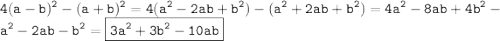 \displaystyle \tt 4(a-b)^2-(a+b)^2=4(a^2-2ab+b^2)-(a^2+2ab+b^2)=4a^2-8ab+4b^2-a^2-2ab-b^2=\boxed{\displaystyle \tt \textfb{3a^2+3b^2-10ab}}