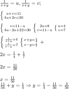 \frac{1}{x+y}=u, \frac{1}{x+y}=v;\\\\\left \{ {{u+v=11} \atop {4u+2v=30}} \right. \\\\\left \{ {{v=11-u} \atop {4u-2u+22=30}} \right. \left \{ {{2u=8} \atop {v=11-u}} \right. \left \{ {{u=4} \atop {v=7}} \right. \\\\\left \{ {{\frac{1}{x+y}=4 } \atop {\frac{1}{x-y}=7 }} \right. \left \{ {{x+y=\frac{1}{4} } \atop {x-y=\frac{1}{7} }} \right. +\\\\2x=\frac{1}{4}+\frac{1}{7}\\\\2x=\frac{11}{28} \\\\x=\frac{11}{56} \\\frac{11}{56}+y=\frac{1}{4}\Rightarrow y=\frac{1}{4}-\frac{11}{56}=\frac{3}{56}