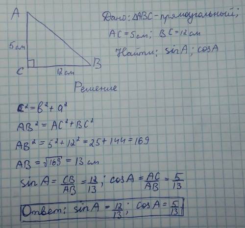 Дано трикутник ABC кут С 90 градусів AC 5 см BC 12 см Знайти sin A cos A