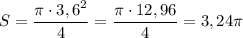 \displaystyle \[S=\frac{{\pi \cdot {{3,6}^2}}}{4}=\frac{{\pi \cdot 12,96}}{4}=3,24\pi\]