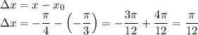 \Delta x=x-x_0\\\Delta x=-\dfrac{\pi}{4} -\left(-\dfrac{\pi}{3}\right) =-\dfrac{3\pi}{12} +\dfrac{4\pi}{12}=\dfrac{\pi}{12}