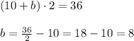 (10 + b) \cdot 2 = 36\\\\b = \frac{36}{2} - 10 = 18 - 10 = 8 \\\\