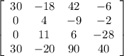 \left[\begin{array}{cccc}30&-18&42&-6\\0&4&-9&-2\\0&11&6&-28\\30&-20&90&40\end{array}\right]