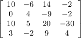 \left[\begin{array}{cccc}10&-6&14&-2\\0&4&-9&-2\\10&5&20&-30\\3&-2&9&4\end{array}\right]