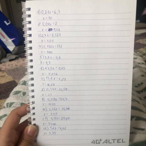 1) 0,21x = 6,3;2) 0,04x = 2;3) 2,7 х = 2,727;4) 0,132х = 132;5) 0,6x = 4,2;6) 17,5х = 0,63;7) 13,5х