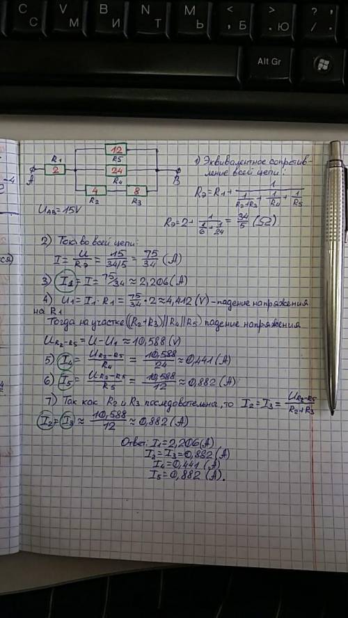 Для электрической цепи, приведенной на схеме рассчитать токи во всех элементах цепи