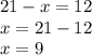 21 - x = 12 \\ x = 21 - 12 \\ x = 9