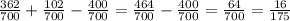 \frac{362}{700}+ \frac{102}{700} - \frac{400}{700} = \frac{464}{700} - \frac{400}{700} = \frac{64}{700} = \frac{16}{175}