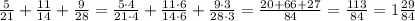 \frac{5}{21} + \frac{11}{14} + \frac{9}{28} = \frac{5\cdot4}{21\cdot4} + \frac{11\cdot6}{14\cdot6} + \frac{9\cdot3}{28\cdot3} = \frac{20+66+27}{84} = \frac{113}{84} = 1\frac{29}{84}