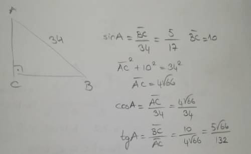 Дано треугольник ABC, УГОЛ C равен 90 градусов, AB =34 см, sinA=5/17,найти AC, BC, cos A, tg A. ​