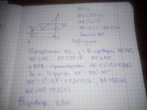 в кінці відрізка довжиною 1 м віддалені від площини яку він перетинає на 0,5 і 0,3 знайдіть довжину