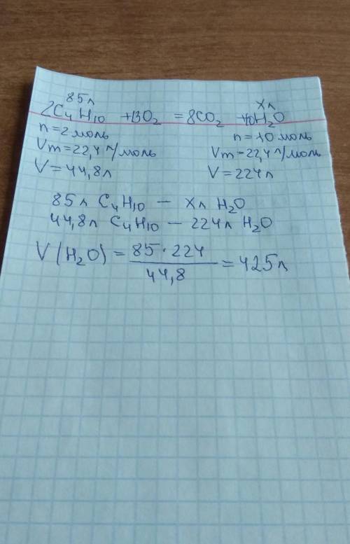 Який об'єм води утвориться внаслідок згоряння бутану об'ємом 85л