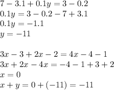 7 - 3.1 + 0.1y = 3 - 0.2 \\ 0.1y = 3 - 0.2 - 7 + 3.1 \\ 0.1y = - 1.1 \\ y = - 11 \\ \\ 3x - 3 + 2x - 2 = 4x - 4 - 1 \\ 3x + 2x - 4x = - 4 - 1 + 3 + 2 \\ x = 0 \\ x + y = 0 + ( - 11) = - 11