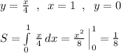 y=\frac{x}{4}\; \; ,\; \; x=1\; \; ,\; \; y=0\\\\S=\int\limits^1_0\, \frac{x}{4}\, dx=\frac{x^2}{8}\, \Big |_0^1=\frac{1}{8}