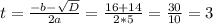 t= \frac{-b-\sqrt{D} }{2a}=\frac{16+14}{2*5}=\frac{30}{10}=3