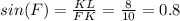 sin(F)=\frac{KL}{FK} =\frac{8}{10} =0.8