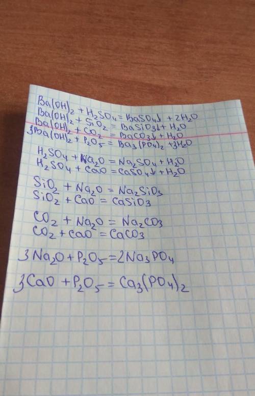 Составьте уравнения реакций между веществами Ba(OH) 2 H2SO4 SiO2 CO2 KCl Na2O P2O5 CaO