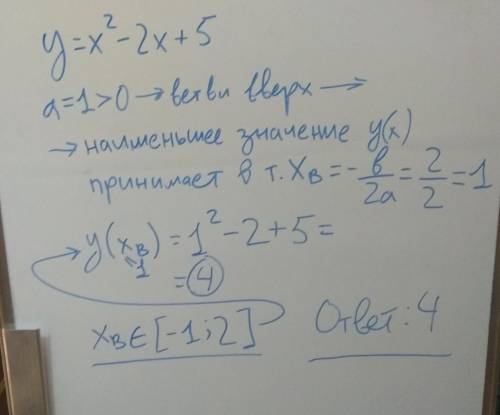 Найдите наименьшее значение функцииy=x^2-2x+5 на отрезке [-1,2]​