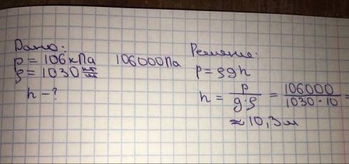 4.Определите, на какой глубине давление воды в море равно 106 кПа? Плотность морской воды 1030 кг/м.