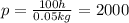 p = \frac{100h}{0.05kg} = 2000