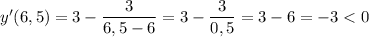 y'(6,5) = 3 - \dfrac{3}{6,5 - 6} = 3 - \dfrac{3}{0,5} = 3 - 6 = -3 < 0