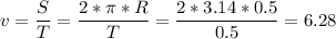 v = \dfrac{S}{T} = \dfrac{2*\pi*R}{T} = \dfrac{2 * 3.14 * 0.5}{0.5} = 6.28