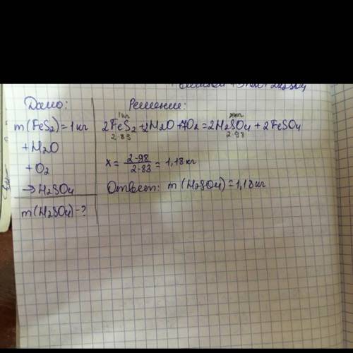 Сколько H2SO4 можно получить из 1 кг FeS2, добавив в него H2O и O2? FeS2+H2O+O2=H2SO4