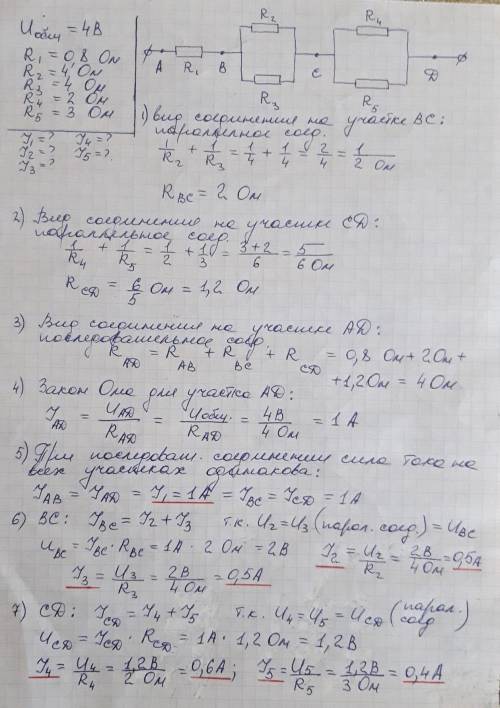 Задача №465. Определить силу тока в каждом резисторе, если напряжение на всём участке равно 4 В( рис