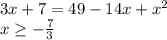 3x + 7 = 49 - 14x + x^2\\x \geq -\frac{7}{3}