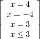 \left[\begin{array}{cccc}x = 4\\x = -4\\x = 3\\x\leq3 \end{array}\right]