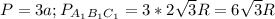 P = 3a; P_{A_1B_1C_1} = 3 * 2\sqrt{3} R = 6\sqrt{3} R