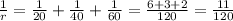 \frac{1}{r} = \frac{1}{20} + \frac{1}{40} + \frac{1}{60} = \frac{6 + 3 + 2}{120} = \frac{11}{120}