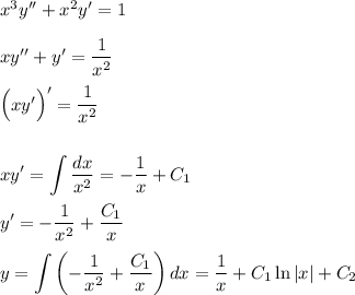 x^3y''+x^2y'=1\\ \\ xy''+y'=\dfrac{1}{x^2}\\ \\ \Big(xy'\Big)'=\dfrac{1}{x^2}\\ \\ \\ \displaystyle xy'=\int \dfrac{dx}{x^2}=-\dfrac{1}{x}+C_1\\ \\ y'=-\dfrac{1}{x^2}+\dfrac{C_1}{x}\\ \\ y=\int \left(-\dfrac{1}{x^2}+\dfrac{C_1}{x}\right)dx=\dfrac{1}{x}+C_1\ln |x|+C_2