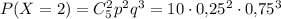 P(X=2)=C^2_5p^2q^3=10\cdot 0{,}25^2\cdot 0{,}75^3